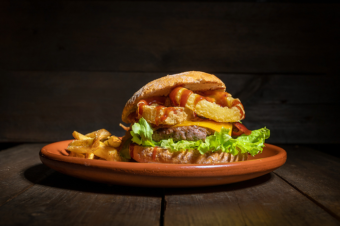 Premium quality burger with onion rings, cheese and barbecue sauce, served with french fries on a rustic plate Premium quality burger with onion rings, cheese and barbecue sauce, served with french fries on a rustic plate, by Zoonar DAVID HERRAEZ