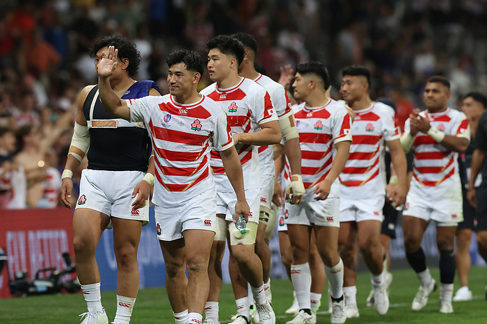 2023 Rugby World Cup Japan s Players celebrate at the end of the 2023 Rugby World Cup Pool D match between Japan and Samoa at Stadium de Toulouse in Toulouse, south western France on September 28, 2023.   Photo by Aki Nagao AFLO 