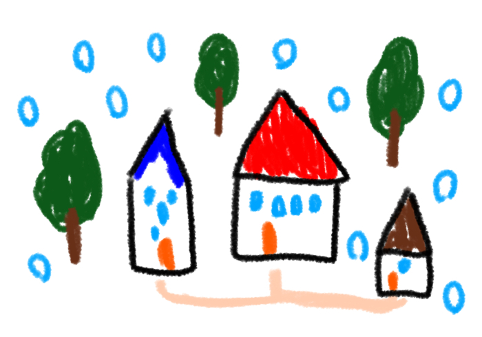A picture of a town in winter, as if drawn by a child.