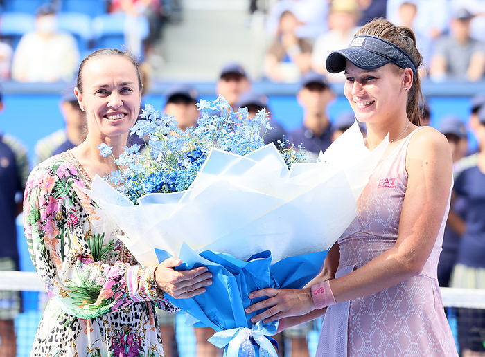 Veronika Kudermetova wins Toray Pan Pacific Open tennis tournament October 1, 2023, Tokyo, Japan   Toray Pan Pacifc Open tennis tournament winner Veronika Kudermetova  R  of Russia receives a flower bouquet from Swiss tennis legend Martina Hingis  L  at the Ariake Colosseum  in Tokyo on Sunday, October 1, 2023. Kudermetova defeated Jessica Pegula of the United States 7 5, 6 1 in the final.    photo by Yoshio Tsunoda AFLO 