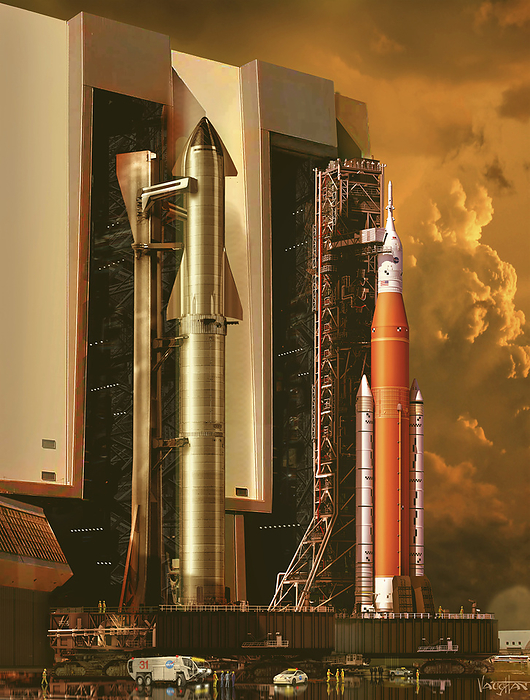 SpaceX Starship and NASA Space Launch System, illustration Illustration of the SpaceX Starship  left  and NASA s Space Launch System  SLS, right  as they emerge from the Vertical Assembly Building  VAB , Kennedy Space Center, Florida, USA. As of 2023 these are the two most powerful rockets ever built, They are both designed to carry cargo and passengers to Earth orbit, the Moon, Mars and beyond. Starship is reusable, while the SLS is not, by JAMES VAUGHAN SCIENCE PHOTO LIBRARY
