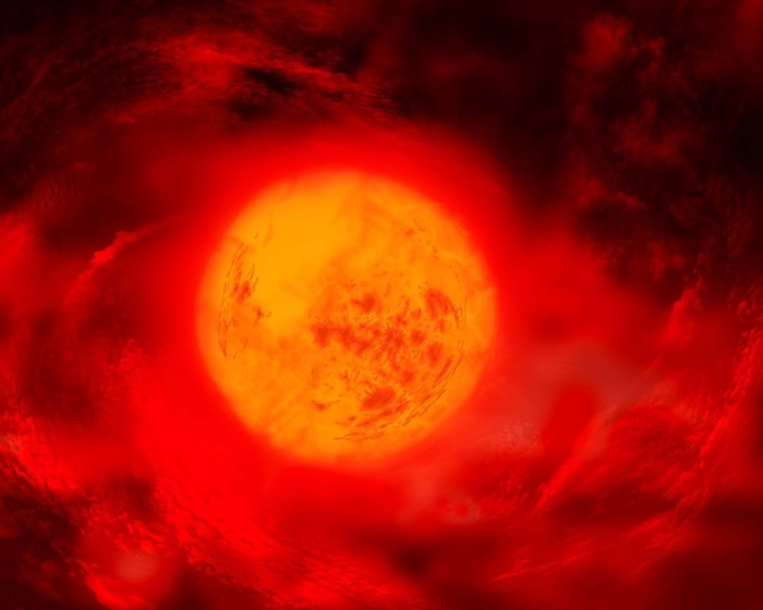 Betelgeuse, illustration Illustration of the red supergiant star Betelgeuse with hypothetical sun spots on its surface. Betelgeuse is about eight million years old and on the verge of becoming a supernova. It is one of the largest stars currently known, with a radius around 1400 times larger than the Sun s., by RON MILLER   SCIENCE PHOTO LIBRARY