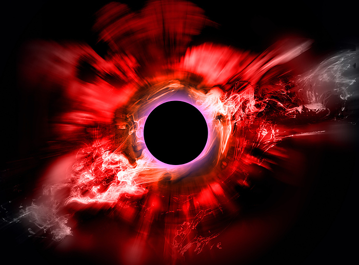 Hawking radiation, conceptual illustration Conceptual illustration of Hawking radiation being emitted from a black hole. Hawking radiation, named after the physicist Stephen Hawking, is a theoretical radiation that is emitted from outside of a black hole s event horizon. This radiation is thought to occur as the result of twin virtual particles that naturally emerge from the vacuum being separated by gravity. Half of these particles escape as radiation. Hawking radiation is supported by both the models of general relativity and quantum mechanics., by RON MILLER   SCIENCE PHOTO LIBRARY