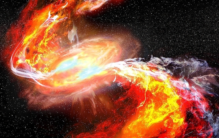 Merging neutron stars, illustration Illustration of two neutron stars spiralling towards each other. Neutron stars are the collapsed cores of supergiant stars. When the stars eventually collide they will either form a more massive neutron star or a black hole, depending on the sizes of the neutron stars., by RON MILLER   SCIENCE PHOTO LIBRARY