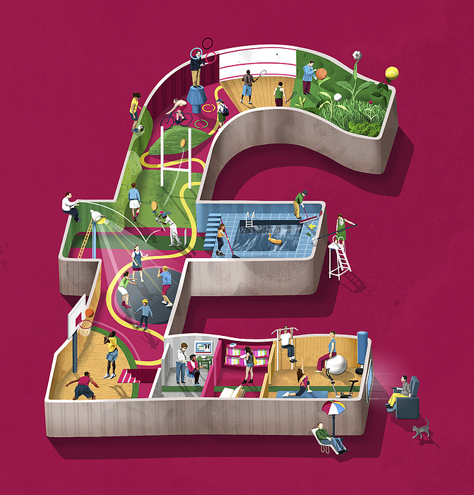 Cost of leisure infrastructure, conceptual illustration Conceptual illustration showing a series of scenes related to physical activity, leisure and community within a British pound shape. This could represent investment in community health and wellbeing projects., by Sam Falconer, DEBUT ART   SCIENCE PHOTO LIBRARY