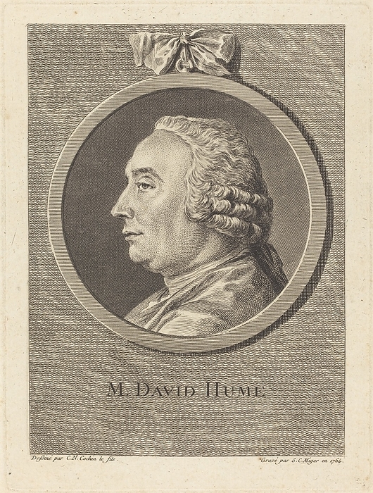 David Hume, Scottish philosopher David Hume  1711 1776  was a Scottish philosopher, historian and economist, born and educated in Edinburgh. He is credited with the development of scepticism and empiricism. Hume rejected the idea of causality, claiming that one event would not necessarily lead to another  events were linked only by the imagination of the observer rather than by reason. In effect, Hume was rejecting scientific laws which state that one action necessarily produces another in a predictable manner. Print by Simon Charles Miger after Charles Nicolas Cochin II in 1764., by National Gallery of Art, Washington SCIENCE PHOTO LIBRARY