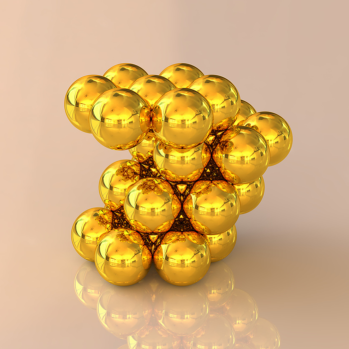 Gold crystal structure, illustration Illustration of gold  Au  atoms in a metallic crystal structure. The atoms are arranged in a face centred cubic  FCC  unit cell structure. In this arrangement, there are atoms at each corner of the cube and an atom centred on each face of the cube. This creates a highly symmetrical structure with a dense packing of gold atoms., by RUSSELL KIGHTLEY SCIENCE PHOTO LIBRARY