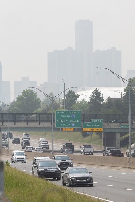 Wildfire smoke in downtown Detroit, USA Smoke from wildfires in Canada obscuring downtown Detroit, Michigan, USA. Air quality in the city was ranked as the second worst in the world and residents were urged to stay indoors. Photographed on 28 June 2023., by JIM WEST SCIENCE PHOTO LIBRARY