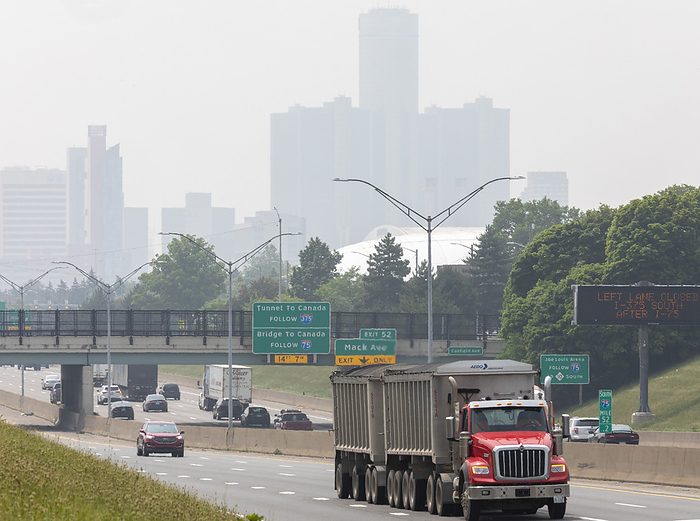 Wildfire smoke in downtown Detroit, USA Smoke from wildfires in Canada obscuring downtown Detroit, Michigan, USA. Air quality in the city was ranked as the second worst in the world and residents were urged to stay indoors. Photographed on 28 June 2023., by JIM WEST SCIENCE PHOTO LIBRARY