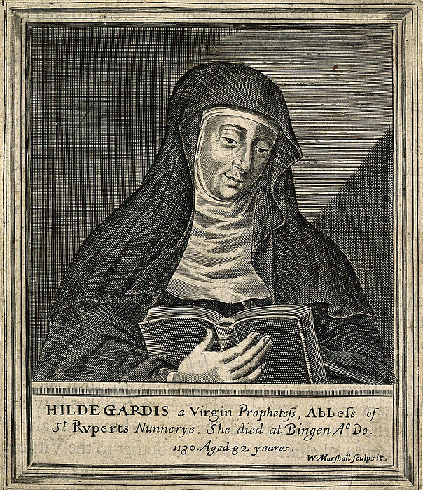 Hildegard of Bingen, German abbess, illustration Illustration of Hildegard of Bingen  1098 1179 , German abbess and polymath. Engraving by William Marshall  1642 ., by WELLCOME IMAGES SCIENCE PHOTO LIBRARY