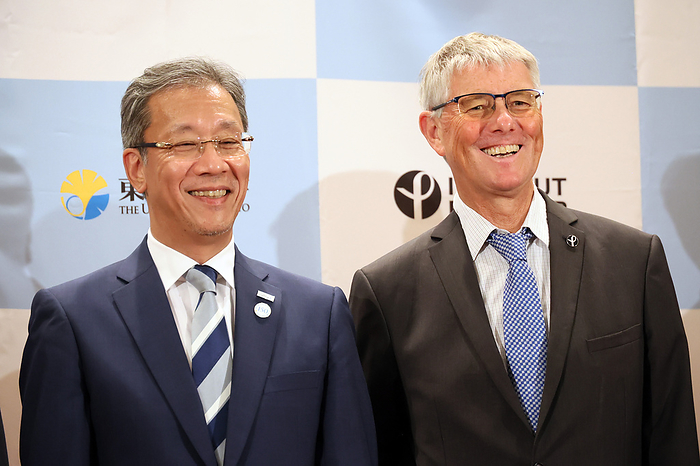 Institut Pasteur and Tokyo University agree to launch the Planetary Health Innovation Center October 3, 2023, Tokyo, Japan   France s Institut Pasteur director general Stewart Cole  R  smiles with Tokyo University president Teruo Fujii  L  as they agreed to collaborate in the field of planetary health at the Tokyo University in Tokyo on Tuesday, October 3, 2023. Institut Pasteur and Tokyo University will launch the Planetary Health Innovation Center  PHIC , while Institut Pasteur will establish the Institute Pasteur of Japan  IPJ .   photo by Yoshio Tsunoda AFLO 