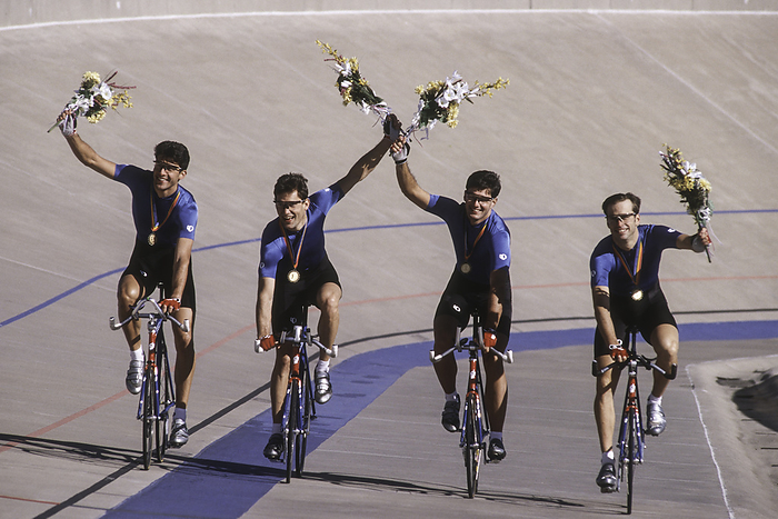 CYCLING   Velodrome Cycling Velodrome, Victorious male cycling team on the velodrome., by Copyright 1995 DUOMO