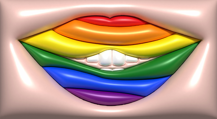 Lips in the colors of the LGBT flag on a beige background, 3D rendering illustration Lips in the colors of the LGBT flag on a beige background, 3D rendering illustration