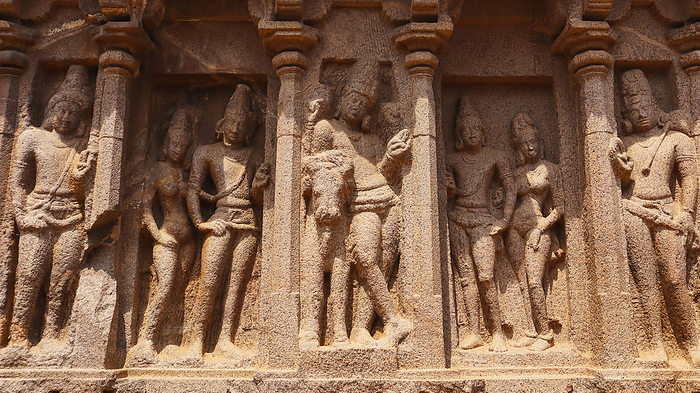 Sculptures of Hindu God and Goddess on Arjuna Chariot, Five Rathas, Mahabalipuram, Tamilnadu, India Sculptures of Hindu God and Goddess on Arjuna Chariot, Five Rathas, Mahabalipuram, Tamilnadu, India, by Zoonar RealityImages