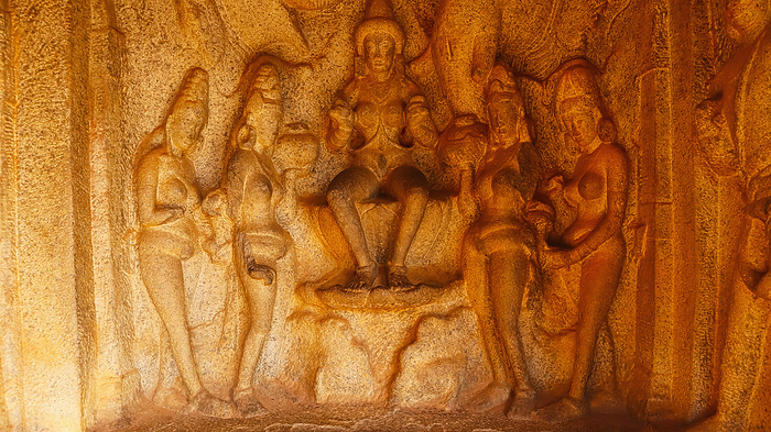 Varaha Caves, Sculpture of GajaLakshmi flanked by elephants and nymphs, Mahabalipuram, Tamilnadu, India Varaha Caves, Sculpture of GajaLakshmi flanked by elephants and nymphs, Mahabalipuram, Tamilnadu, India, by Zoonar RealityImages