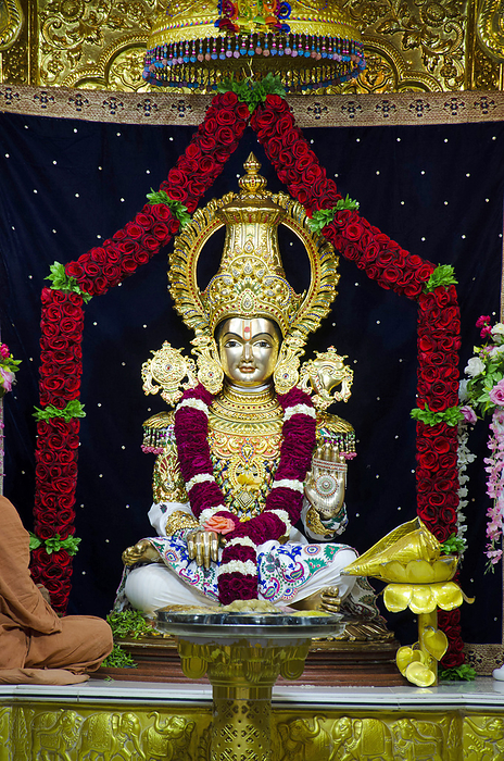 Lord Swaminarayan idol closeup inside the temple at Swaminarayan temple, Nilkanthdham, Poicha, Gujarat, India Lord Swaminarayan idol closeup inside the temple at Swaminarayan temple, Nilkanthdham, Poicha, Gujarat, India, by Zoonar RealityImages