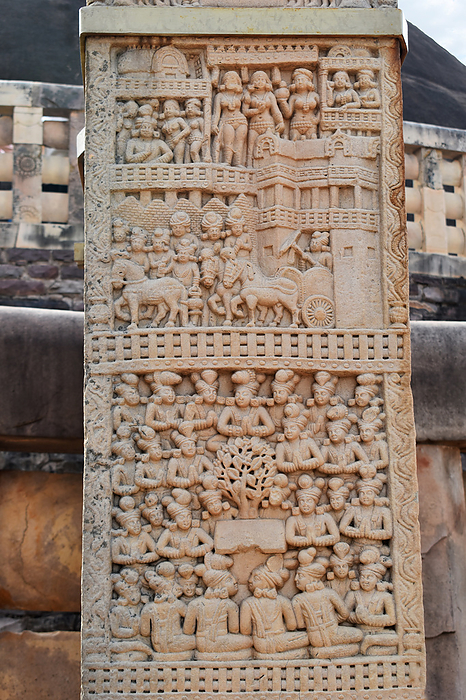 Stupa No 1, North Gateway, Right Pillar, Front Face  Panel 3 : Preaching to Shakyas  Panel 2 : Depicts the Buddha s departure in search of truth The Great Stupa, World Heritage Site, Sanchi, Madhya Pradesh, India Stupa No 1, North Gateway, Right Pillar, Front Face  Panel 3 : Preaching to Shakyas  Panel 2 : Depicts the Buddha s departure in search of truth The Great Stupa, World Heritage Site, Sanchi, Madhya Pradesh, India, by Zoonar RealityImages