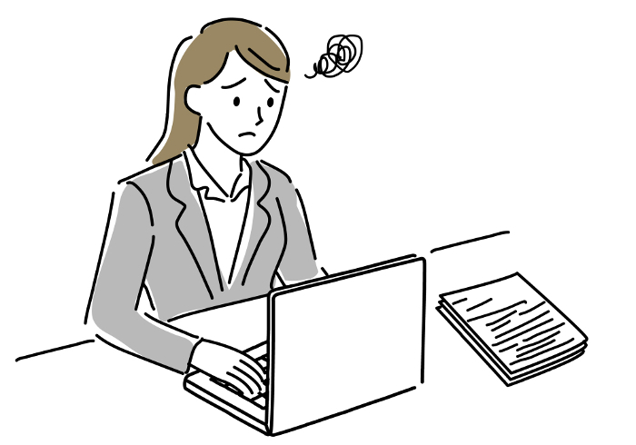 Simple line drawing of a female employee in trouble and her laptop