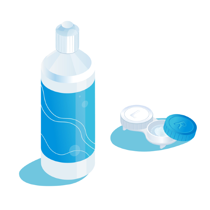 Illustration of contact lens cleaning solution and contact lens case