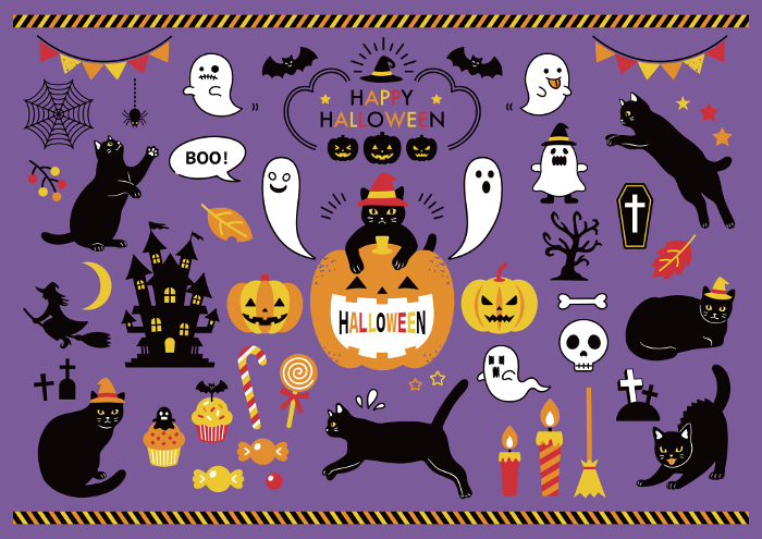 clip art set of black cat and halloween