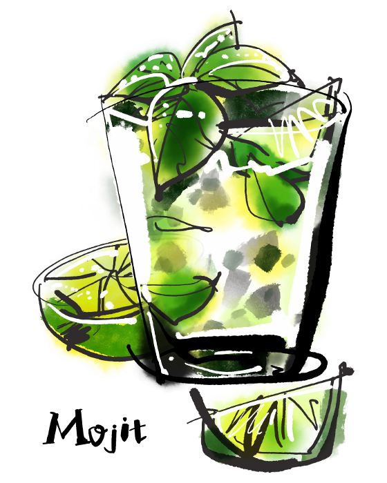 Mojito image hand-drawn illustration (brushstroke watercolor ink painting style)