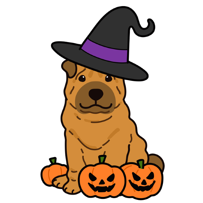 Illustration of Shar-Pei sitting in Halloween style with main line