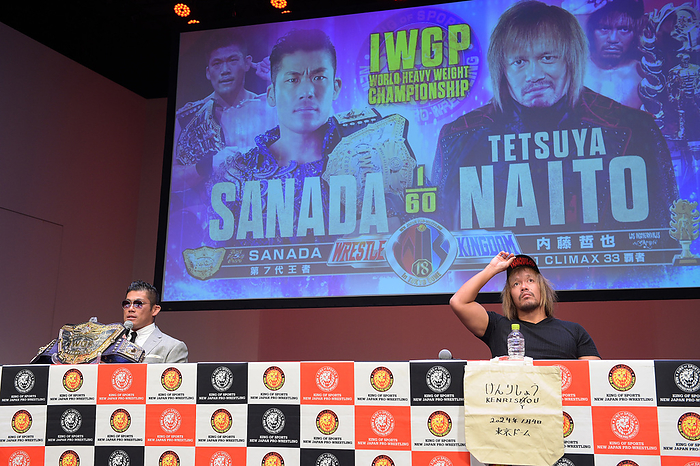 New Japan Pro Wrestling Ittenyon Card Announcement Press Conference October 10, 2023  WRESLTLE KINGDOM 18 in Tokyo Dome  Press Conference  from left  SANADA Tetsuya Naito Location Ueno