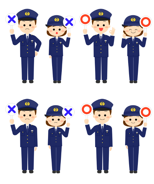 Police officers with circled and crossed out marks