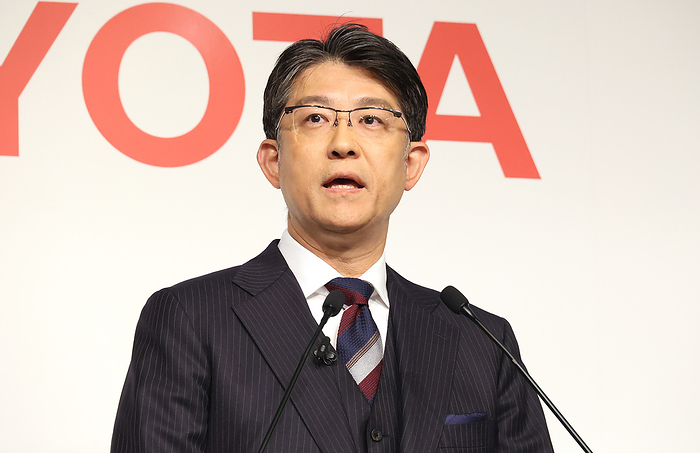 Toyota Motor and Idemitsu Kosan announce to develop and produce all solid state batteries for electric vehicles October 12, 2023, Tokyo, Japan   Japan s automobile giant Toyota Motor president Koji Sato speaks at a press conference with petroleum company Idemitsu Kosan president Shunichi Kito as they announce their tie up to develop and produce the next generation all solid state batteries in Tokyo on Thursday, October 12, 2023. Toyota and Idemitsu seek to commercialize and start mass production of all solid state batteries for battery electric vehicles in 2027 28.   photo by Yoshio Tsunoda AFLO 