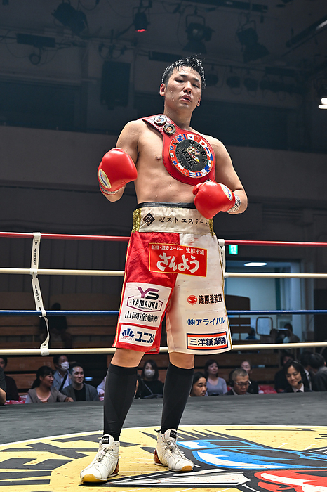 Takezako regains the Toyo Pacific Middleweight Title with a TKO victory. Japan s Kazuto Takesako poses with his championship belt after winning the vacant OPBF middleweight title bout by a tenth round TKO at Korakuen Hall, Tokyo, Japan, October 7, 2023.  Photo by Hiroaki Finito Yamaguchi AFLO 