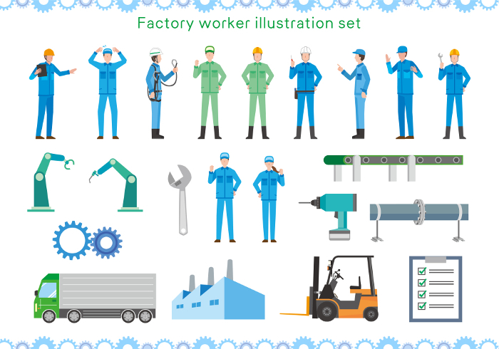 Set of illustrations of factory and workers