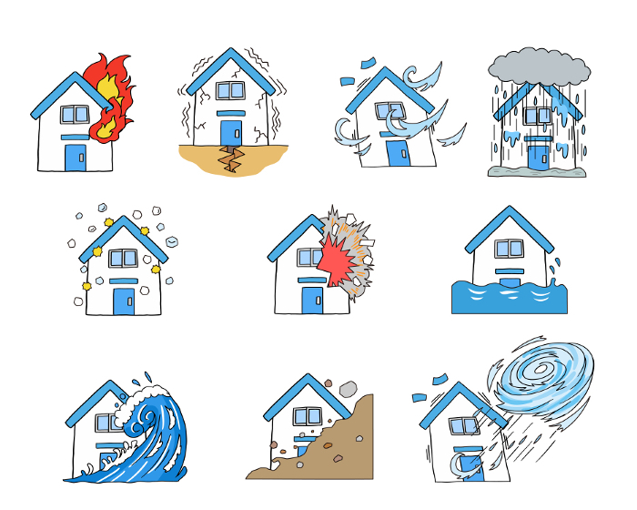 Set of illustrations of housing damage caused by disasters