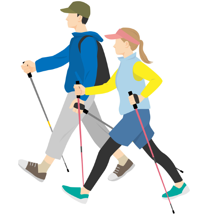 Nordic walking, men and women walking with poles