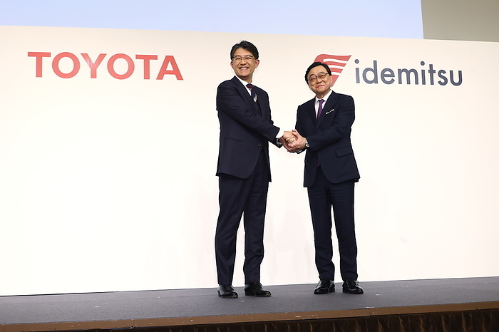 Toyota and Idemitsu collaborate to mass produce all solid state batteries for EVs Toyota Motor Corporation and Idemitsu Kosan announced on October 12 that they will collaborate to mass produce all individual batteries for battery EVs. Photo shows  from left  Toyota Motor Corporation President Tsuneji Sato and Idemitsu Kosan President Shunichi Kito on October 4, 2023.