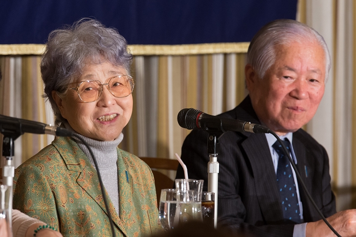 Mr. and Mrs. Yokota meet with foreign journalists Reflecting on their first meeting with their grandchildren March 24, 2014, Tokyo, Japan   Shigeru, right, and Sakie Yokota meet the foreign media during a news conference at Tokyo s Foreign Correspondents  Club of Japan on Monday, March 24, 2014. The Yokotas have just returned from Mongolia, where the couple met with their granddaughter for the first time, nearly 40 years after the 1977 kidnapping by North Korean agents of their 13 year old daughter Megumi. Shigeru, 81, and his wife Sakie, 78, met with Megumi s 26 year old daughter Kim Eun Gyong and her family in the Mongolian capital of Ulan Bator earlier in March.  Photo by AFLO  UUK  mis 