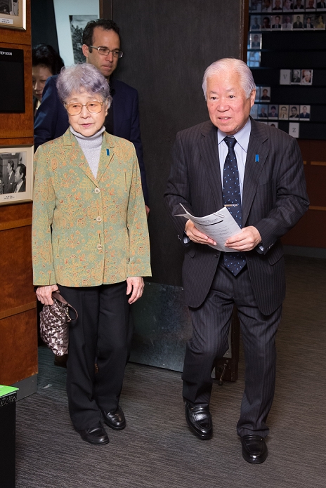 Mr. and Mrs. Yokota meet with foreign journalists Reflecting on their first meeting with their grandchildren March 24, 2014, Tokyo, Japan   Shigeru, right, and Sakie Yokota arrive for a news conference at Tokyo s Foreign Correspondents  Club of Japan on Monday, March 24, 2014. The Yokotas have just returned from Mongolia, where the couple met with their granddaughter for the first time, nearly 40 years after the 1977 kidnapping by North Korean agents of their 13 year old daughter Megumi. Shigeru, 81, and his wife Sakie, 78, met with Megumi s 26 year old daughter Kim Eun Gyong and her family in the Mongolian capital of Ulan Bator earlier in March.  Photo by AFLO  UUK  mis 