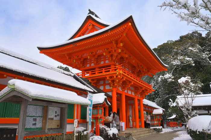 The gate of Kamigamo Shrine, a World Heritage Site in Kyoto City, covered with snow
