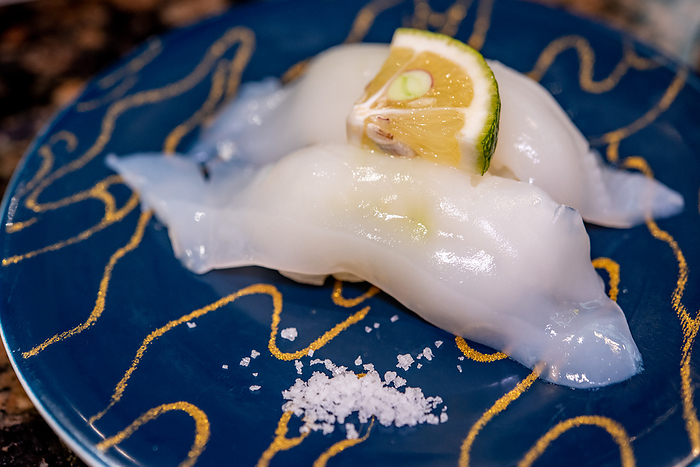Mizuhika  Squid , Kabosu, Sushi Sushi of squid with kabosu on top