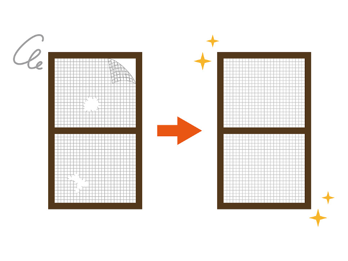 Before and after illustration of torn screen door