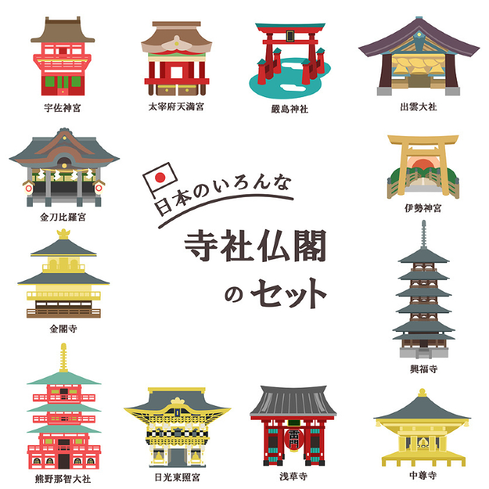 Set of various temples and shrines in Japan without lines