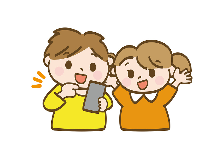 A boy and a girl playing with operating a cell phone_Elementary school early grades_Toddler