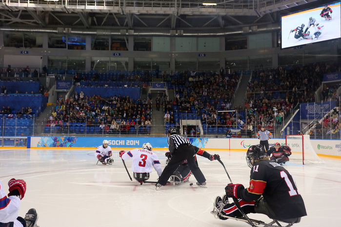 Sochi Paralympics 2014 Ice Sledge Hockey Qualifying Face off, MARCH 9, 2014   Ice Sledge Hockey :  Men s Preliminary Round Group A between Canada 4 0 Norway at  SHAYBA  Arena during the Sochi 2014 Paralympic Winter Games in Sochi, Russia.   Photo by Yohei Osada AFLO SPORT   1156 