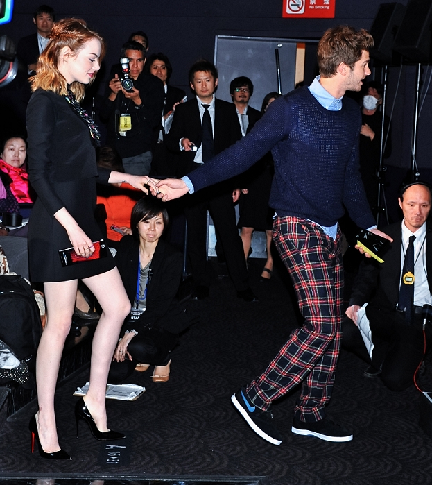 Emma Stone and Andrew Garfield, Mar 31, 2014 : Tokyo, Japan : Actress Emma Stone(L) and actor Andrew Garfield attends a press comference for 