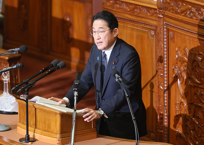 Prime Minister Fumio Kishida delivers his policy speech at Lower House s plenary session October 23, 2023, Tokyo, Japan   Japanese Prime Minister Fumio Kishida delivers his policy speech at Lower House s plenary session at the National Diet in Tokyo on Monday, October 23, 2023. An extraordinary Diet session started in focus of economic package.     photo by Yoshio Tsunoda AFLO 
