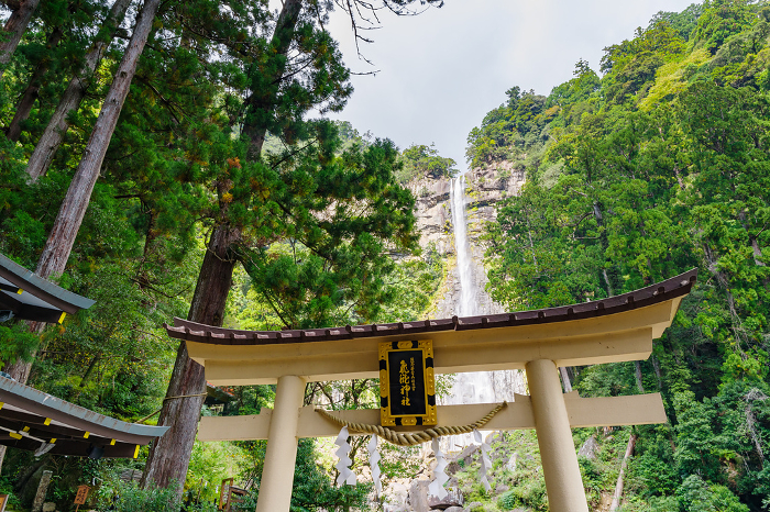 Torii gate and Nachi Waterfall at Tobitaki Shrine, a branch of Kumano Nachi Taisha Shrine (Nachi-Katsuura Town, Wakayama Prefecture)