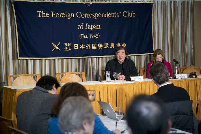 Shigeru Ban, Pritzker Prize Winner Talks about the joy of receiving the award Tokyo, Japan   The winner of the  Pritzker Architecture Prize  the Japanese architect Shigeru Ban speaks about his job and explains what it means to him to win the prize this year at the Foreign Correspondents  Club of Japan  FCCJ  on April 2, 2014. Ban also designed recyclable shelters and community centers for those displaced by war and natural disasters, such as the disasters of Kobe Earthquake in 1995 and Super Typhoon Haiyan in the Philippines last year. The prize is also called the  Nobel Prize of architecture  and is considered one of the world s premier architecture prize. Ban is the 7th Japanese architect after Toyo Ito who won the last year.  Photo by Rodrigo Reyes Marin AFLO 