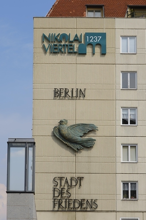 House fa莽ade with dove and lettering City of Peace, Nikolaiviertel quarter, Berlin, Germany, Europe, by Wilfried Wirth