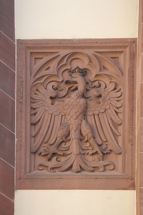Stone eagle as state coat of arms and city coat of arms, federal eagle, red, city hall courtyard, town hall, inner courtyard, Römer, old town, Main, Frankfurt, Hesse, Germany, Europe, by Gerald Abele