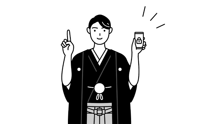 A man in montsuki hakama taking security measures for his cell phone.