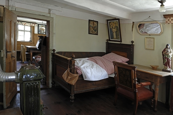 Bedroom with view into the living room, around 1900, hemeroplanes triptolemus (1779), Franconian Open Air Museum, Bad Windsheim, Middle Franconia, Bavaria, Germany, Europe, by Helmut Meyer zur Capellen